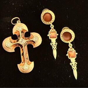 Gold and Brown Cross Pendant and Earring Set